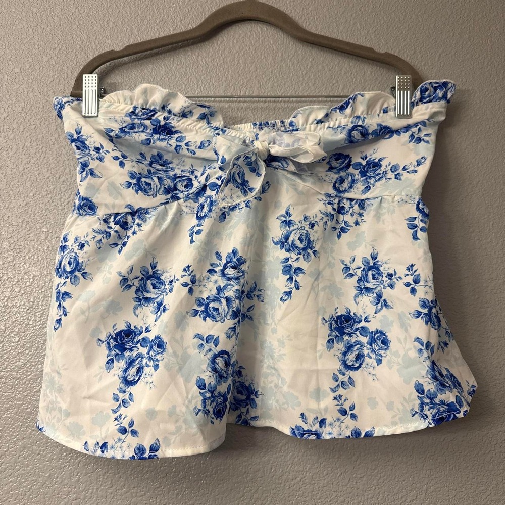 Women's Blue Floral Print Tie Front Tube Top Ruffle Trim Strapless Peplum Top